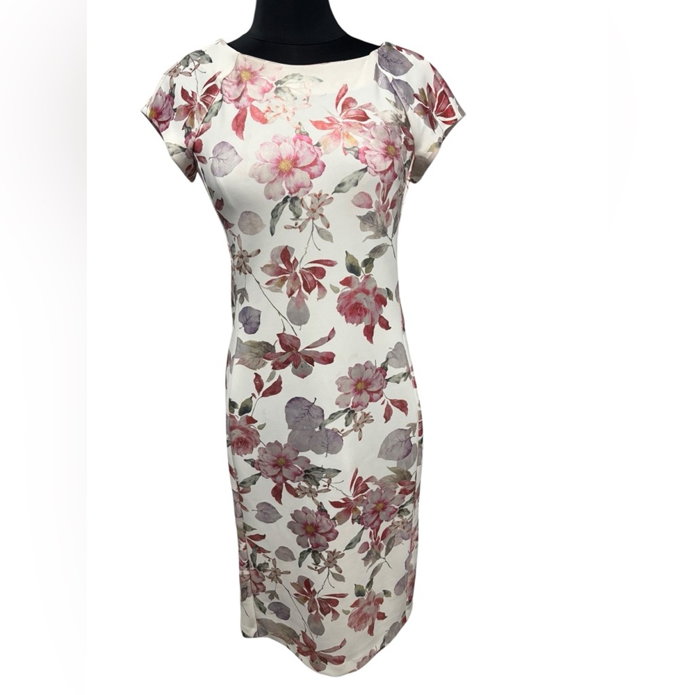 Beige by Eci Floral Fitted Floral Patel Print Women's Midi Sheath Dress-size 8